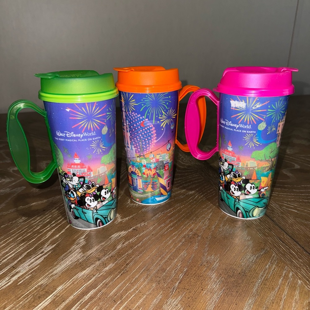 3‎ Disney World 2024 Whirley Drink Works Refillable Mugs 16oz Blue Pink Green